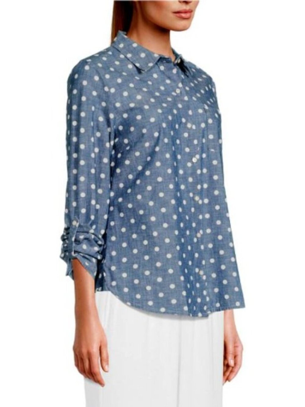 Tommy Hilfiger Women's Chambray Roll Tab Sleeve Polka Dot Print Shirt Size S/P - Picture 2 of 16